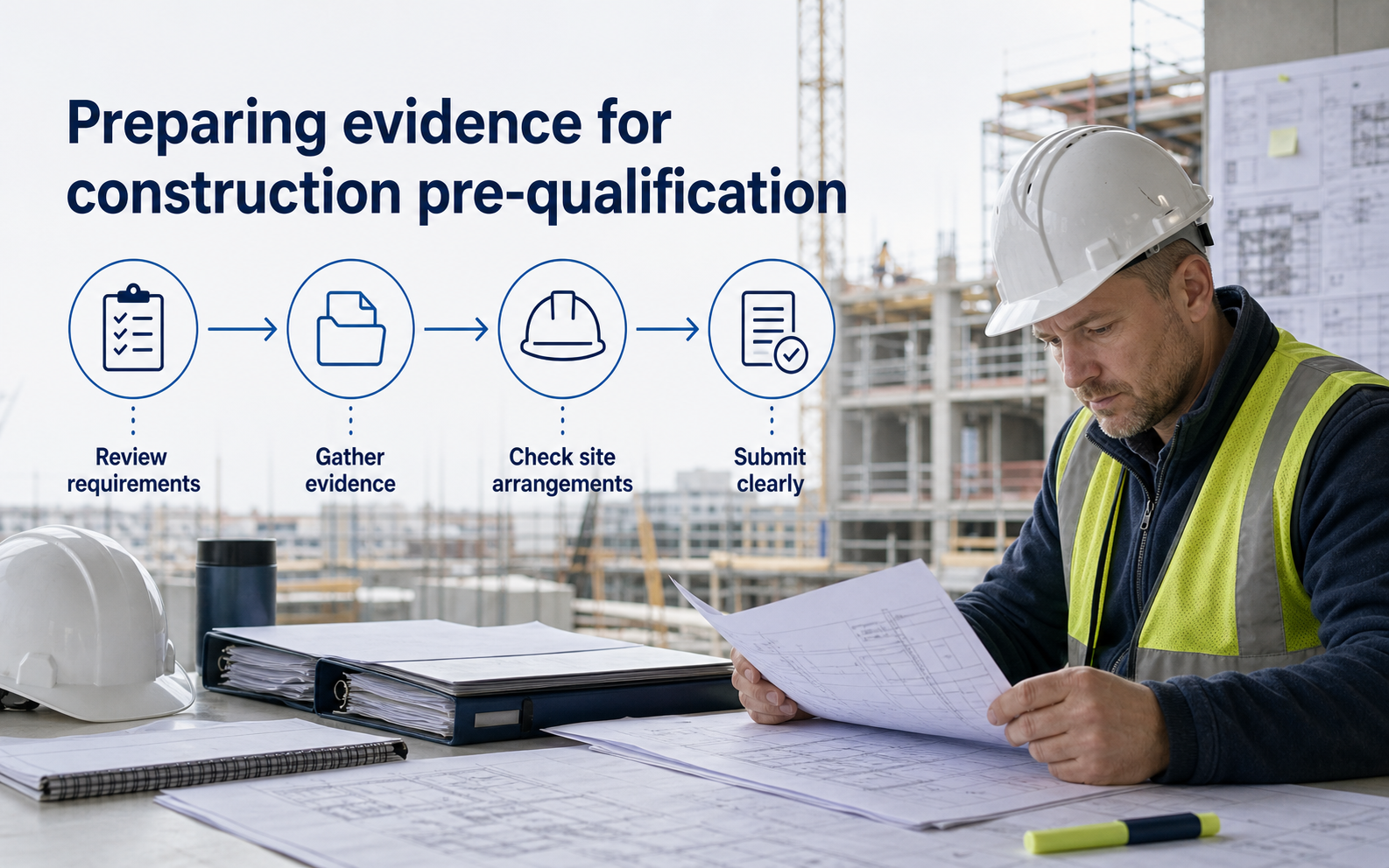 Construction pre-qualification evidence preparation process covering requirements, evidence, site arrangements and submission
