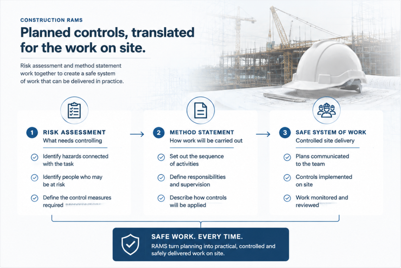 Construction RAMS process showing how risk assessments and method statements combine to create a safe system of work