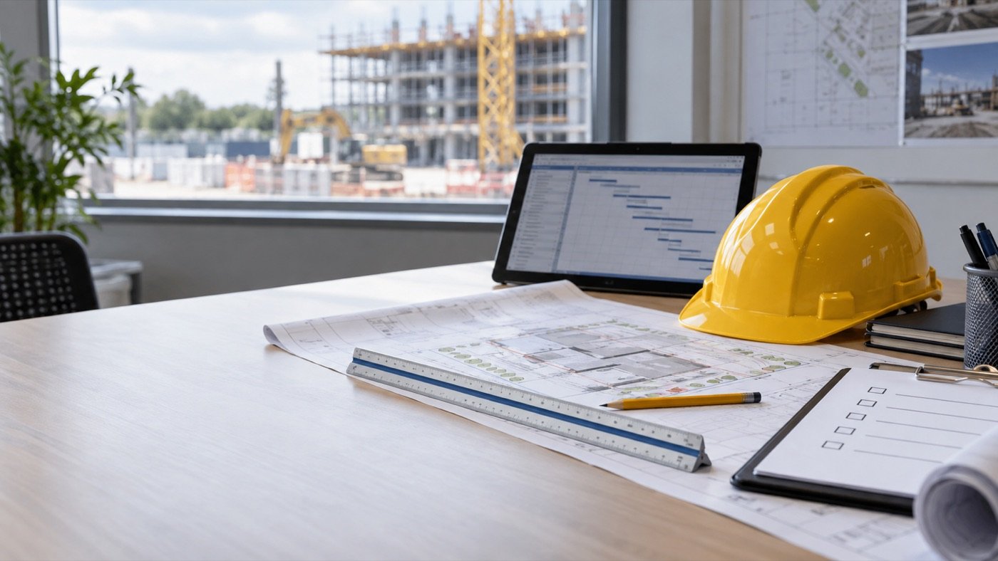 Illustrative construction pre-start planning materials, including a hard hat, project drawing and programme.