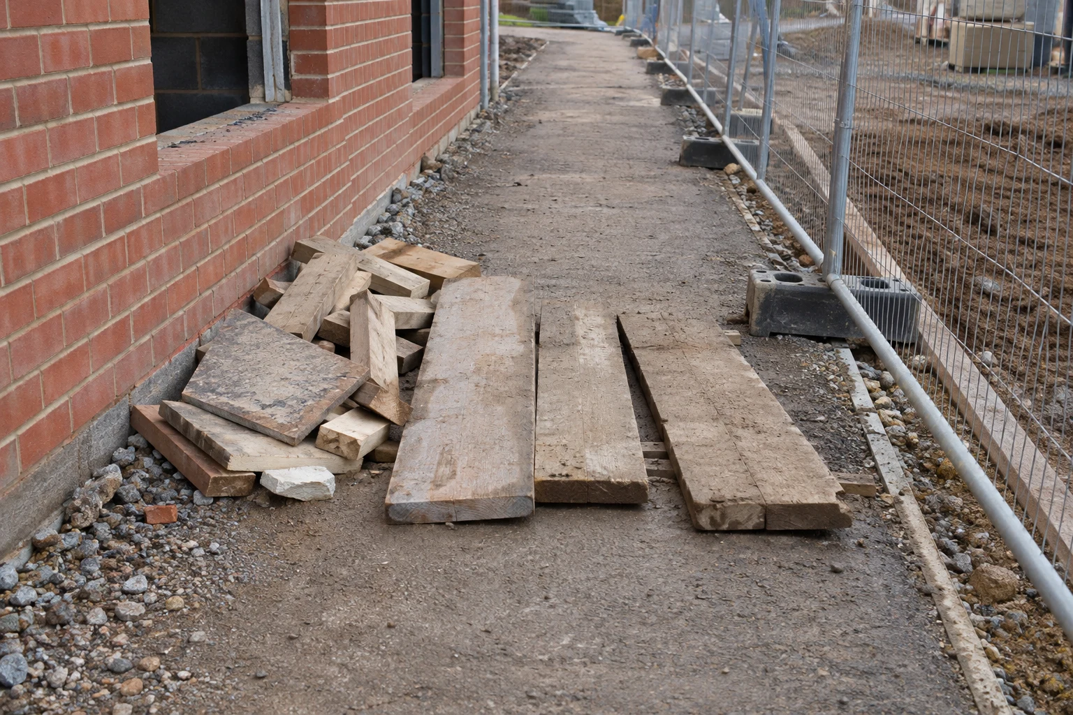 Generated example of scaffold boards and timber offcuts obstructing a construction-site pedestrian route