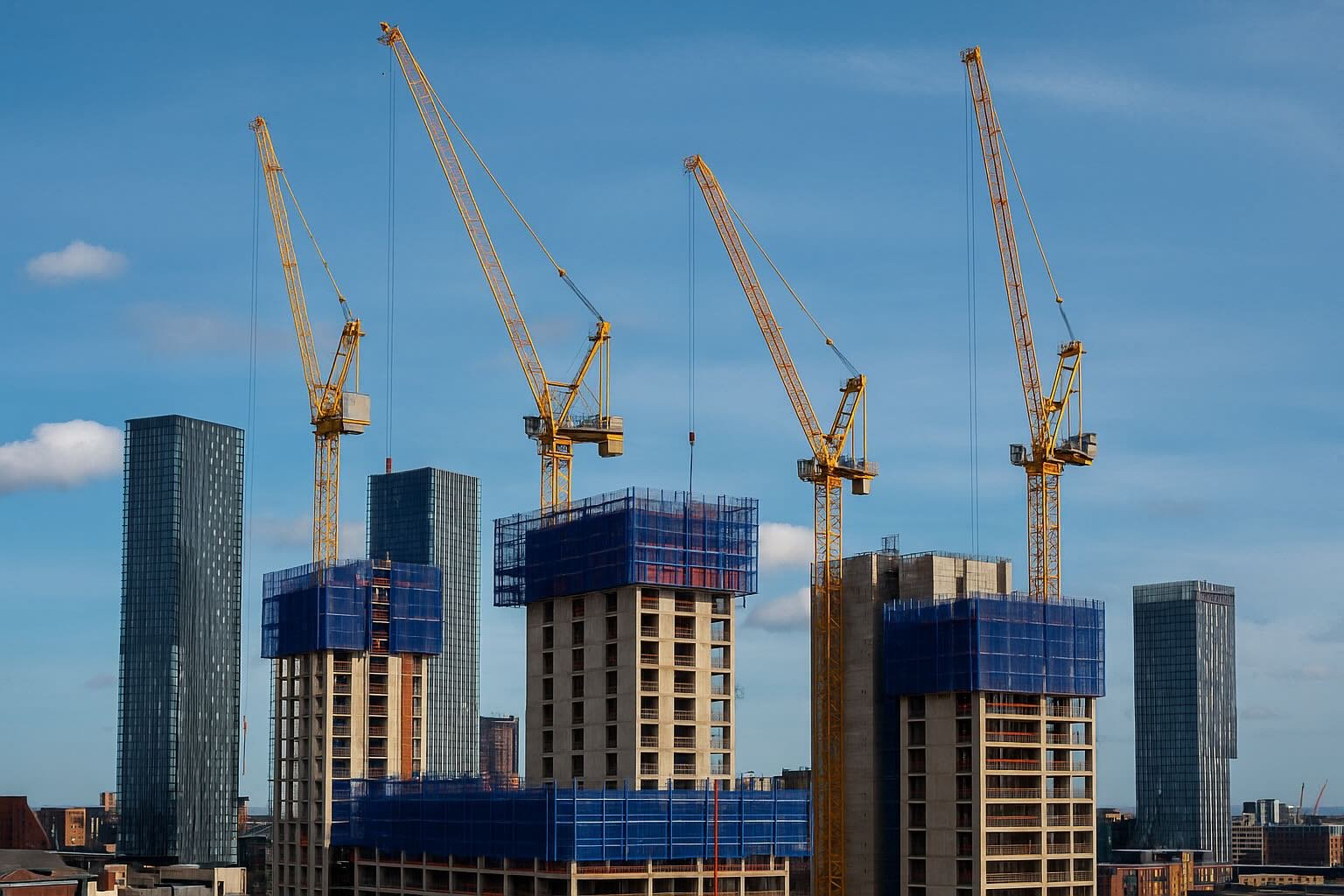 Manchester city skyline with cranes and modern construction — professional health and safety consultancy site view.