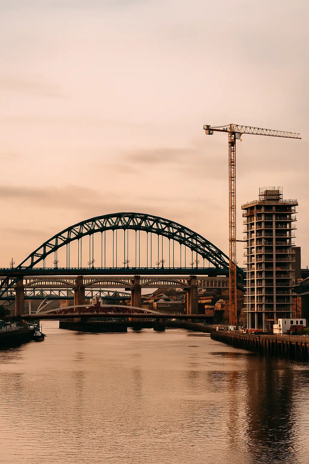 Newcastle city skyline with the Tyne Bridge and modern construction — professional health and safety consultancy site view.